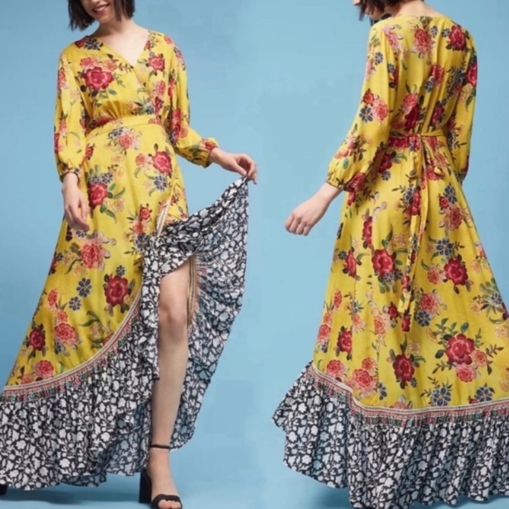 Farm Rio Sunlit Yellow Floral Maxi Wrap Dress